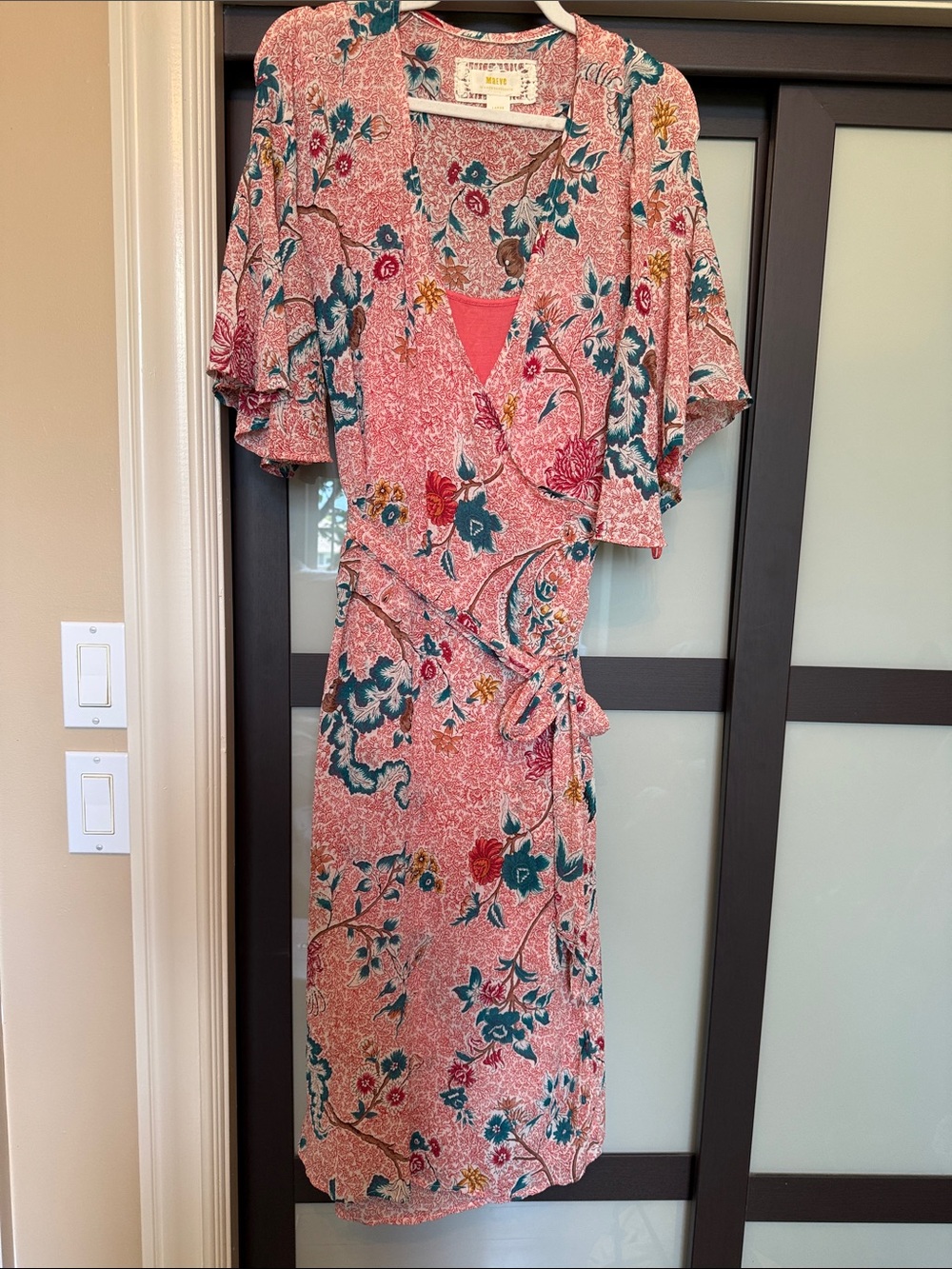 Maeve Floral Wrap Midi Dress in Coral Pink